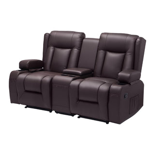 Loveseat Recliner Sofa, Manual Reclining Couch With Center Console, PU Faux Leather Recliner Sofa With USB Ports, Cup Holders And Storage Bags, Dual Loveseat Chair For Living Room/RV, Brown