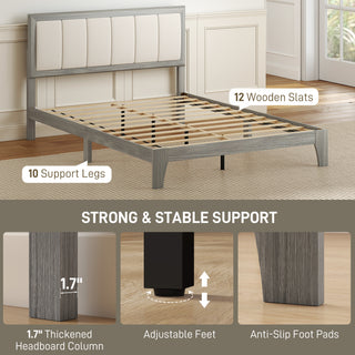Full Bed Frame with Headboard Full Size Platform Bed Frame with Wooden Slats No Box Spring Needed Easy Assembly Gray