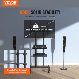 Mobile TV Stand, Mobile TV Cart For 32 To 70 Inch TVs, Height Adjustable Portable TV Stand With Wheels, Double Tray For Audio-Visual Devices, Rolling TV Stand With Mount For Bedroom, Living Room