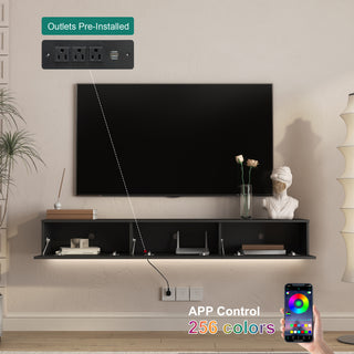 Floating TV Stand Wall Mounted With 16 Color LEDs,65inch Modern TV Stand, Floating TV Cabinet Entertainment Center For 55 60 65 Inch TV
