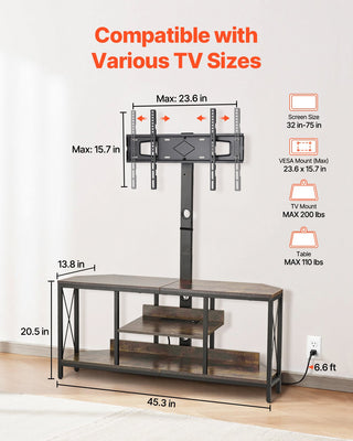 45" TV Stand With Mount For Up To 75 In TVs, Entertainment Center With Power Outlet & LED Lights, Height Adjustable TV Console With Mount With 3 Tiers Storage Cabinets For Bedroom, Living Room