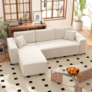 Corner Sofa With Reversible Chaise Lounge, Corduroy L-Shaped Sectional Sofa With Pocket Spring, Cream White