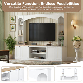 Elegant Arched Entertainment Center Wall Unit With Bookshelf, Farmhouse Large TV Stand With Wood Grain For TVs Up To 70, 91inch Stylish Media Console With Adjustable Shelves For Living Room, White
