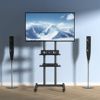 Mobile TV Stand, Mobile TV Cart For 32 To 70 Inch TVs, Height Adjustable Portable TV Stand With Wheels, Double Tray For Audio-Visual Devices, Rolling TV Stand With Mount For Bedroom, Living Room