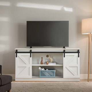 58 Farmhouse TV Stand And Entertainment Center For Televisions Up To 65 Inchs,with Sliding Barn Doors And Storage Cabinets,White