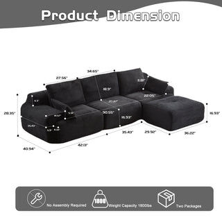 Modern Memory Foam Compressed Sofa,Large Sectional Couches For Living Room,Pet-Friendly Cloud Modular Sectional Sofa,Corduroy Fabric,Extra Deep Loveseat,No Assembly Required, Black