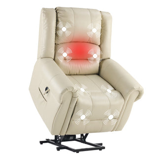Power Lift Recliner Chair With Massage & Heat, Single Motor Lift Chair, Breathable PU Faux Leather, USB & Type-C, Side Pockets, Cream