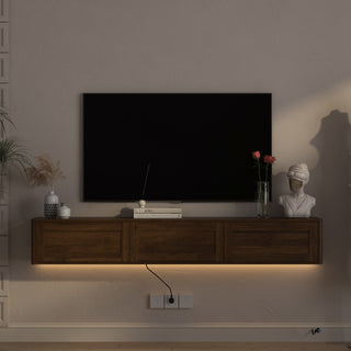 Floating TV Stand, Wall Mounted TV Shelf With Led Lights & Power Outlet,High Gloss TV Cabinet For Wood Tv Stands For Living Room