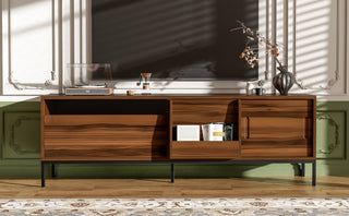 U-Can 70.8 Modern TV Stand For TVs Up To 75 Inches, Entertainment Center With Storage Space, Sliding Doors, Adjustable Shelves And Metal Frame, Mid Century Modern Media TV Console Table For Living R