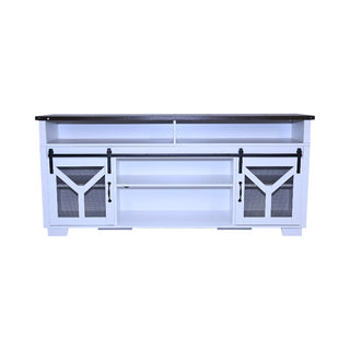 65.3 TV Stand With LED Light Strips And Iron Mesh Barn Door Y Decorative Strip White  Black Walnut Color Top Farmhouse