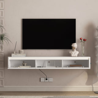 Floating TV Stand, Wall Mounted TV Shelf With Led Lights & Power Outlet,High Gloss TV Cabinet For White Tv Stands For Living Room
