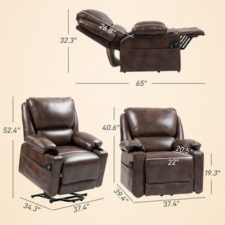 Power Lift Chair for Elderly, Faux Leather Recliner Sofa with Vibration Massage and Heat, Remote, Side Pockets, Brown