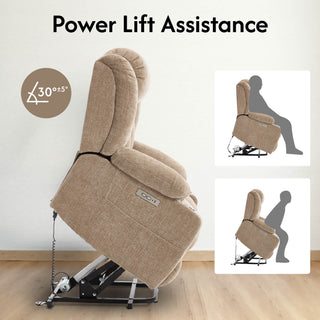 Power Lift Recliner Chair With Massage & Heat, Single Motor Lift Chair, Chenille Fabric Upholstery, USB Type-C, Cup Holders, Side Pockets, Light Brown