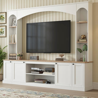 Elegant Arched Entertainment Center Wall Unit With Bookshelf, Farmhouse Large TV Stand With Wood Grain For TVs Up To 70, 91inch Stylish Media Console With Adjustable Shelves For Living Room, White