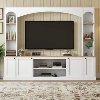Elegant Arched Entertainment Center Wall Unit With Bookshelf, Farmhouse Large TV Stand With Wood Grain For TVs Up To 70, 91inch Stylish Media Console With Adjustable Shelves For Living Room, White