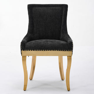 Chenille Dining Chairs, Modern Style With Curved Gold - Plated Legs & Rivet Trim, Upholstered Comfort For Dining Lounge, Accent Seating With Textured Fabric & One - Piece Structure, Black,Set Of 2