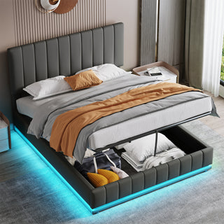 Ottoman Double Bed With LED Lighting, PU Leather Upholstered Bed With Hydraulic Storage, 4ft6 Double Bed Frame With Adjustable Channel Tufted Headboard, No Box Spring Needed, Grey No Mattress
