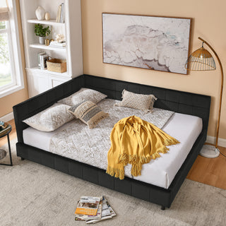 Queen Size Upholstered Tufted Bed Frame, Sofa Bed Frame With Comfortable Backrest And Armrests, Queen Size Bed For Bedroom, Living Room,Velvet, BLACK 85.5x64.5x30.5