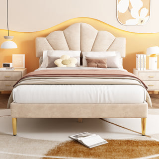Velvet Upholstered Bed,Double Bed-4ft6 135x190cm, Shell-like Bed With Golden Iron Legs, Height-adjustable Headboard, Wooden Slatted Frame, Beige