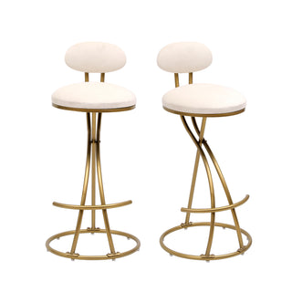 Round Bar Stool Armless Velvet Barstools With Back Set Of 2 Upholstered Counter Chair For Dining Room, Kitchen Island Gold  Creamy White