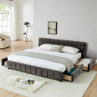King Size Upholstered Bed ,comfortable Upholstered Bed Frame, Chenille Fabric, With Headboard And Solid Bed Frame. With Drawer For Storage.-Dark Gray 88.5x85.5x31