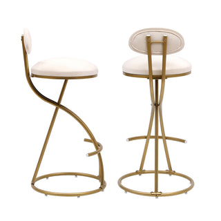 Round Bar Stool Armless Velvet Barstools With Back Set Of 2 Upholstered Counter Chair For Dining Room, Kitchen Island Gold  Creamy White