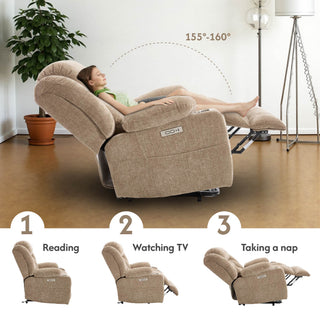 Power Lift Recliner Chair With Massage & Heat, Single Motor Lift Chair, Chenille Fabric Upholstery, USB Type-C, Cup Holders, Side Pockets, Light Brown