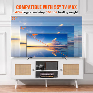 Rattan TV Stand, Boho TV Cabinet For 55 Inch TV, Mid Century Modern TV Stand, Rattan TV Console With Adjustable Shelfs For  Living Room, Media Room, White