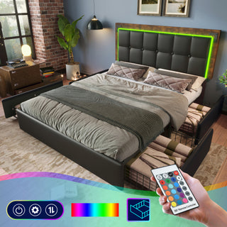 PU Belt, LED Strip And Bed Frame With 4 Drawers