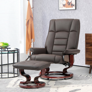 Faux Leather Recliner with Ottoman, Swivel Recliner Chair and Ottoman with High Back and Wood Base, Brown