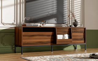 U-Can 70.8 Modern TV Stand For TVs Up To 75 Inches, Entertainment Center With Storage Space, Sliding Doors, Adjustable Shelves And Metal Frame, Mid Century Modern Media TV Console Table For Living R
