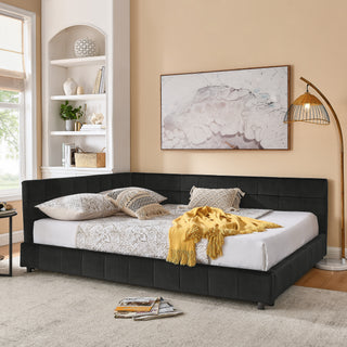 Queen Size Upholstered Tufted Bed Frame, Sofa Bed Frame With Comfortable Backrest And Armrests, Queen Size Bed For Bedroom, Living Room,Velvet, BLACK 85.5x64.5x30.5