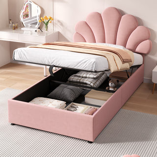 3ft Single Upholstered Hydraulic Bed With Adjustable Chic Petal Headboard, Soft Velvet Bed Frame With Hydraulic Storage, Petal Bed With Solid Wood Slat, No Box Spring Needed,  No Mattress