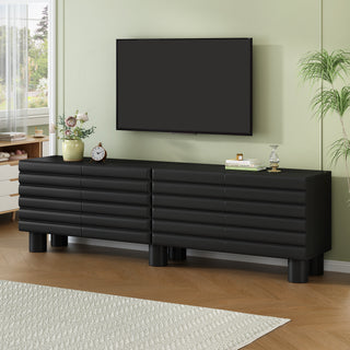 Stylish Thick Wavy Door TV Cabinet With Adjustable Shelves, Cream Style TV Stand With 4 Cabinets For TVs Up To 75 Solid Media Console With Cylindrical Legs And Cable Holes For Living Room, Black