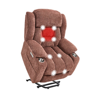 Power Lift Recliner Chair With Massage & Heat, Single Motor Lift Chair, Chenille Fabric Upholstery, USB Type-C, Cup Holders, Side Pockets,Red Brown