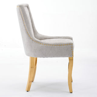 Chenille Dining Chairs, Modern Style With Curved Gold - Plated Legs  Rivet Trim, Upholstered Comfort For Dining  Lounge, Accent Seating With Textured Fabric  One  Piece Structure, Beige,Set Of 2