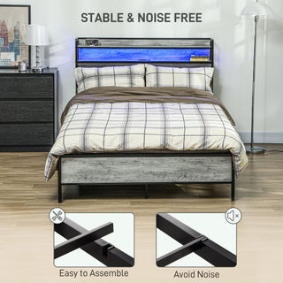 Full Bed Frame with Storage Upholstered Headboard, Full Size Bed Frame with LED Lights, Charging Station, Cement Gray