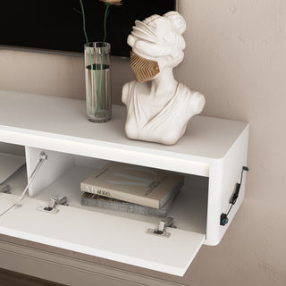 Floating TV Stand, Wall Mounted TV Shelf With Led Lights & Power Outlet,High Gloss TV Cabinet For White Tv Stands For Living Room