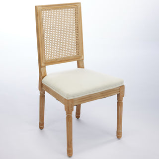 French Decor Chairs Set Of 2, Louis Dining Chairs With Square Rattan Backrest And Exquisitely Carved Solid Wood Frame For Living Room, Kitchen, Restaurant,SW1779BG, Beige