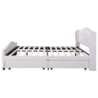 Upholstered Bed 135 X 190cm - Bed With Slatted Frame, 2 Drawers And Headboard With Pull Point Rivets - Wood & Faux Leather - White - Youth Bed Guest Bed