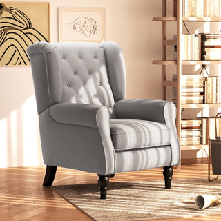 Mid-Century Modern Accent Chair, High Wingback Reading Chair, Button-Tufted Upholstered Fabric Armchair With Retro Wood Legs For Apartment, Living Room, Bedroom, Gray