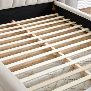 Queen Size Upholstered Bed Frame With Thick Fabric, Chenille Fabric Grounded Queen Size Platform Bed With Headboard And Solid Frame-Beige 87x67x23.5