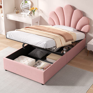 3ft Single Upholstered Hydraulic Bed With Adjustable Chic Petal Headboard, Soft Velvet Bed Frame With Hydraulic Storage, Petal Bed With Solid Wood Slat, No Box Spring Needed,  No Mattress