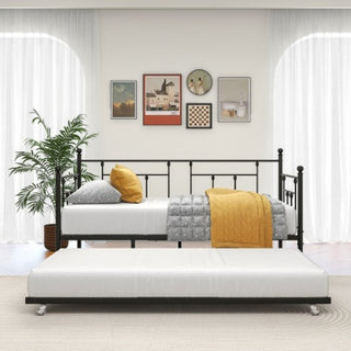 Twin Size Daybed Metal Frame With Trundle Set, Twin Day Bed Sofa, Daybed And Roll Sofa Bed For Guest Room, Bedroom, Living Room, Victorian Style, Black