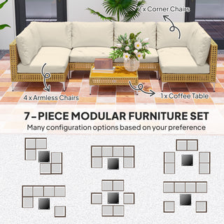 7 Piece Wicker Patio Furniture Set, Modular Outdoor Sectional with Thickened Cushions, Acacia Wood Table, Khaki/Beige