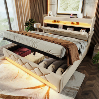 Upholstered Bed 180 X 200 Cm With LED Lighting, USB Type-C Charging, Storage Headboard For Cellphones And Tablets, 6ft Hydraulic Storage Bed With Metal Slatted Frame, Linen, Beige No Mattress