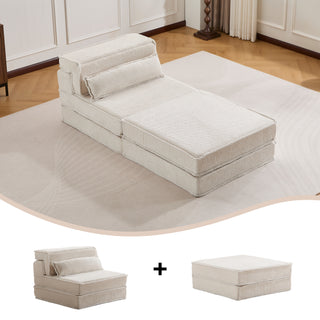 Compression Mahjong Sofa,Convertible Floor Sofa Bed,DIY Boneless Modular Sectional Sofa,No Assembly Required,Circle Fleece Fabric,Oversized Single Seater With 1 Pillow And 1 Ottoman,White