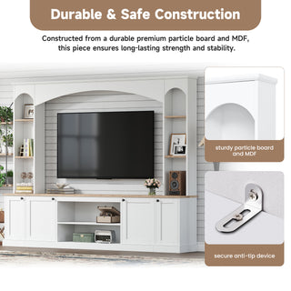 Elegant Arched Entertainment Center Wall Unit With Bookshelf, Farmhouse Large TV Stand With Wood Grain For TVs Up To 70, 91inch Stylish Media Console With Adjustable Shelves For Living Room, White