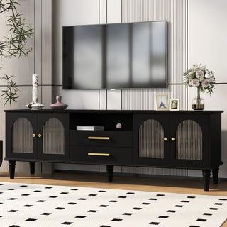 VIBE HAUS 68.9'' Retro TV Stand For TVs Up To 75 Inches, Entertainment Center Media Console With Fluted Glass Doors And Five Solid Wood Legs For Living Room