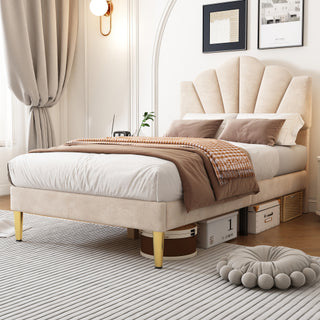 Velvet Upholstered Bed,Single Bed-3ft 90x190cm, Shell-like Bed With Golden Iron Legs, Wooden Slatted Frame, Upholstered Bench With Storage Space 90x40x42cm